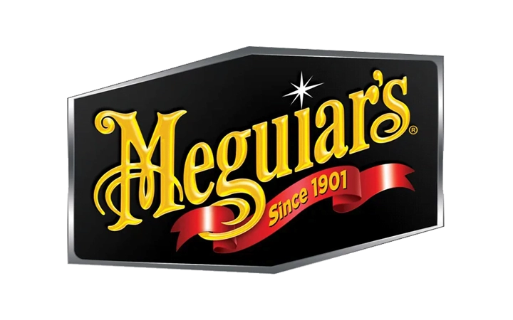 Meguiars logo in gold text on a black background, with a red ribbon underneath displaying Since 1901 in yellow letters and a small white starburst accent above the u.